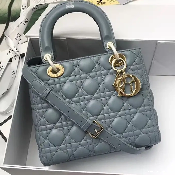 Lambskin Lady Medium Blue Bag Dior Gold Sky Cannage 0323 Luxury